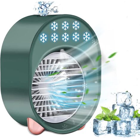 Mini rafraîchisseur d'air portable, mini climatiseur, humidificateur d'air, ventilateur à eau 4 en 1, 3 vitesses, 7 couleurs LED pour bureau ou chambre (vert). (1/3)