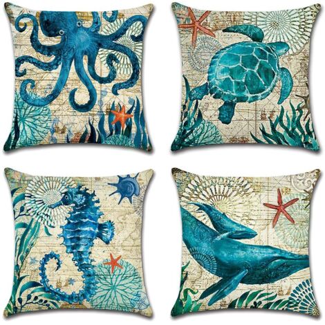 Taies d'oreiller imperméables, lot de 4 taies d'oreiller bleues sur le thème de la mer (1/5)