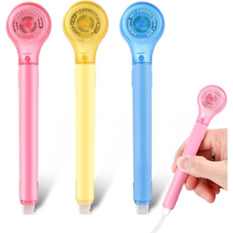 Lot de 3 rouleaux de ruban correcteur, 6 m x 5 mm, rouleau simple pour l'école et le bureau (rose + bleu + jaune) (1/5)