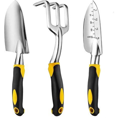 Ensemble d'outils de jardinage 3 pièces en aluminium moulé avec poignée en caoutchouc souple : pelle à main robuste et durable, pelle à transplanter, râteau à main. Idée cadeau pour les jardiniers. (1/5)