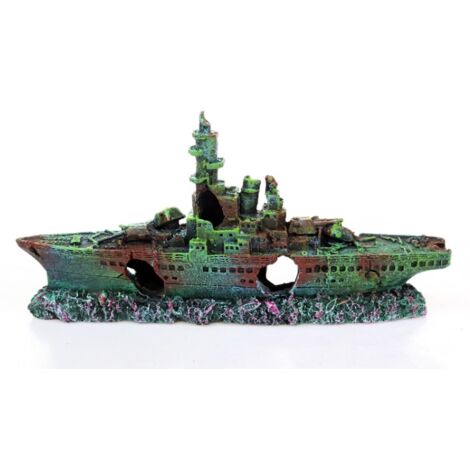 Décoration d'aquarium sur le thème d'une épave, avec de vraies plantes aquatiques et un fond représentant une épave de navire de guerre vert (23 x 5 x 11 cm, 1 paquet). (1/3)