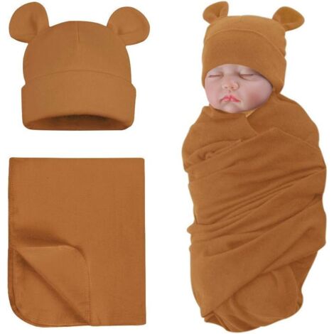 Couverture d'emmaillotage en coton avec bonnet bébé, motif ourson mignon, beige (1/5)
