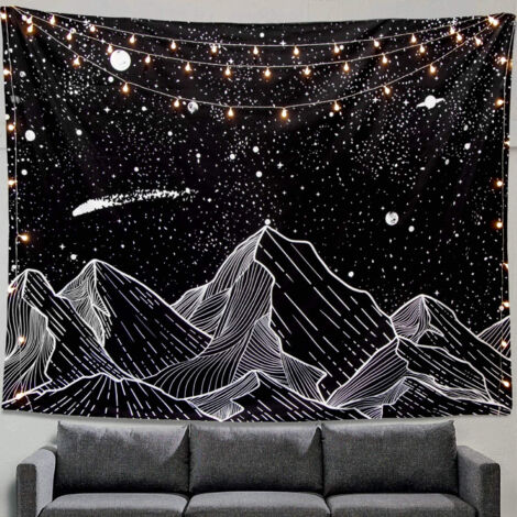 Tapisserie murale Montagne et Lune, étoiles, art noir et blanc, décoration pour chambre à coucher (1/5)