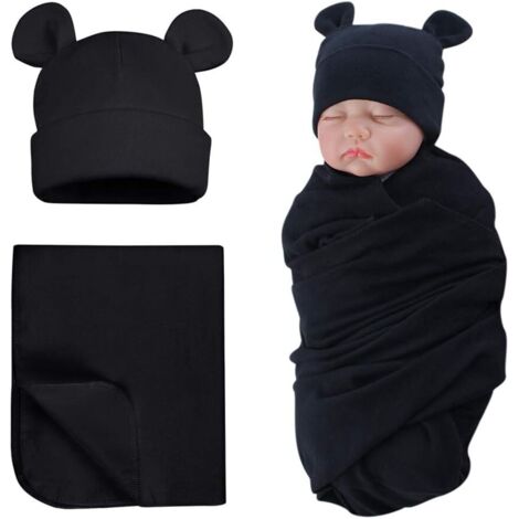 Couverture d'emmaillotage en coton avec bonnet bébé, motif ourson mignon, noire (1/5)