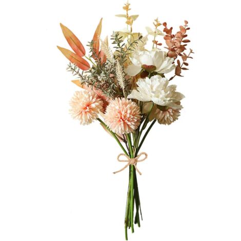 Bouquet d'hortensias artificiels en soie. Composition florale pour mariage, centre de table. Longueur totale : 44 cm. Composé de 5 fleurs (2 pivoines, 3 hortensias) et de feuillage avec tiges en plast
