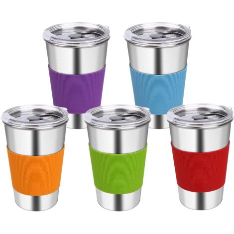 Gobelets en acier inoxydable avec couvercles, lot de 5 verres à boire de 473 ml (16 oz) anti-fuites, gobelets en métal pour enfants et adultes (sans paille) (1/3)