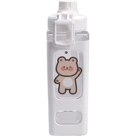 Gourde ours avec paille et autocollant 700 ml, gobelet de sport carré en plastique portable et mignon (blanc) (1/4)
