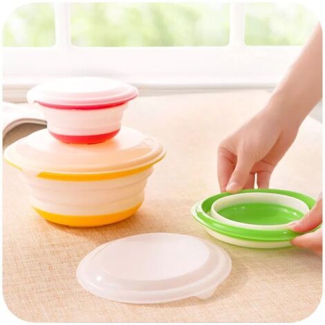 Lot de 3 bols de rangement pliables en silicone - Boîtes de conservation alimentaire - (Vert + Rouge + Jaune) (1/5)