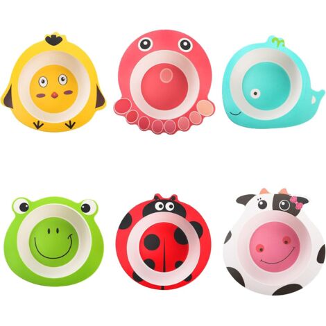 Ensemble de 6 pièces de vaisselle enfant en fibre de bambou, motif animaux de dessin animé, bol pour aliments complémentaires (1/5)