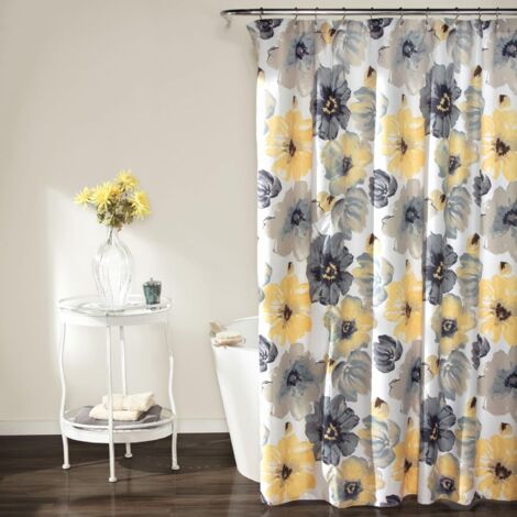 Rideau de douche Lush Decor, motif floral, grand format, 180 x 180 cm, jaune/gris (1/5)