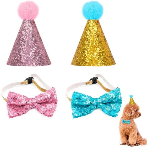 Chapeau d'anniversaire pour animaux de compagnie avec nœud à paillettes et adorable nœud papillon pour chiot, chapeau décoratif avec sangle, 2 pièces (1/5)