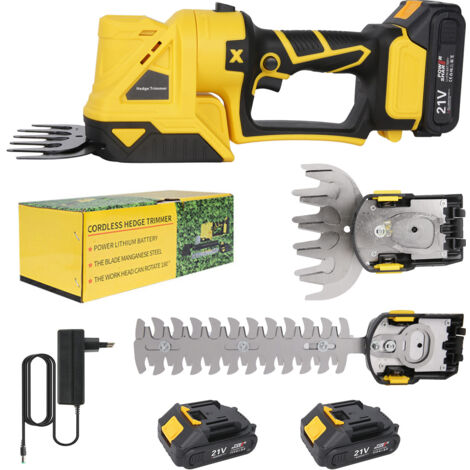 Taille-haie électrique à double usage avec 2 batterie et chargeur – Sans fil et taille-haies rotative – Tête ajustable – Moteur puissant 120W