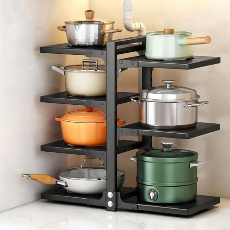 Étagère de cuisine réglable avec bac d’égouttage, rangement sur pied multi-niveaux pour casseroles, poêles et ustensiles, gain de place, facile à nettoyer, noir (1/5)