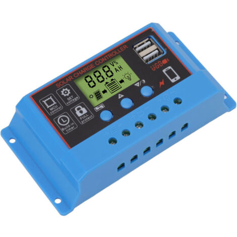 Contrôleur de Charge Solaire 12V/24V LCD 20A avec USB, ABS Noir/ Bleu pour Panneau Solaire, Enseigne Lumineuse et Signalisation d'Alerte