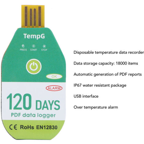 [Enregistreur de Température USB] + [Format PDF] + [IP67 Etanche] + [Utilisation Ponctuelle] + [18 000 Données] + [Sans Logiciel] + [Durée 120 Jours]