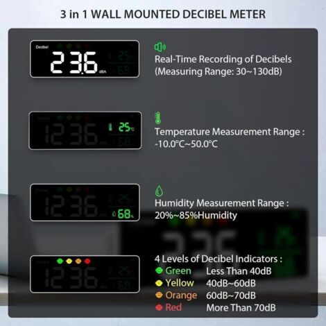 Sonomètre professionnel 30-130 dB avec affichage LCD, mesure température et humidité, alarme et câble USB