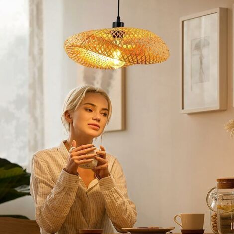 Luminaire Plafonnier RéTro,Chapeau Bambou Suspension Rotin 40Cm Tissage Plafonnier Salle De Bain E27 CréAtivité éClairage De Plafond Pour Salle À Manger Salon Restaurant--
