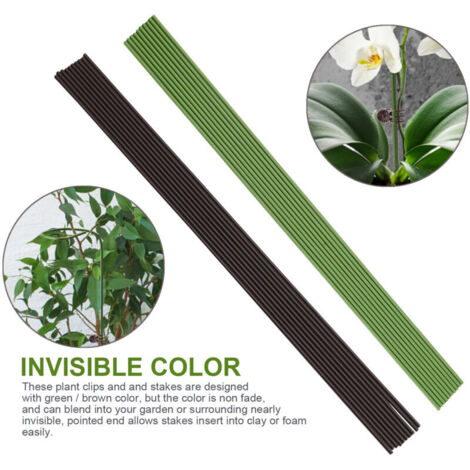 Tuteurs et Attaches de Support pour Plantes en Plastique Coated Steel - 10 Tuteurs (40cm/60cm) + 15 Attaches (Vert/Brun) - Pour Orchidées, Vignes, Fleurs