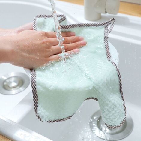 [Torchon de cuisine] + Éponge Coral Fleece Super Douce avec Anneau Suspension 25.5cm - Absorbante, Rapide Séchage, Usage Multiple - Vert - 1 unité