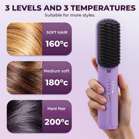 Brosse à lisser les cheveux sans fil, mini peigne portable pour femmes avec 3 niveaux de chauffage, brosse rechargeable pour lisser les cheveux chauds pour barbe - violet (violet)