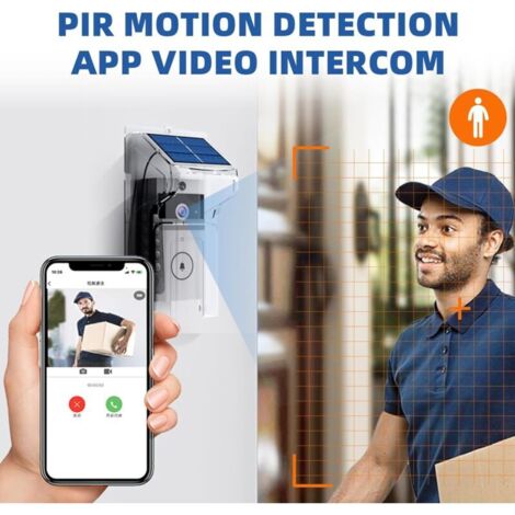 Sonnette sans fil avec caméra – Alimentation solaire – Vision nocturne infrarouge jusqu'à 6m – Installation sans perçage – Application mobile