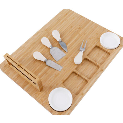 Plateau Apéritif en Bambou – Planche à Tapas et à Fromage – avec Couteaux, Fourchettes, Coupelles et Plateau Supplémentaire