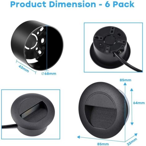 Eclairage D'escalier 5W 500lm 6-Pack, Luminaire LED 230V 3000K, Rond 85x85mm, IP65 Applique Encastrée, Luminaire D'escalier pour Escalier Mural, Douilles Encastrées 68mm,