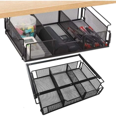 Tiroir sous bureau coulissant en acier au carbone 36,5 x 23,5 x 8,2 cm – Résistant aux rayures – Installation facile sous table
