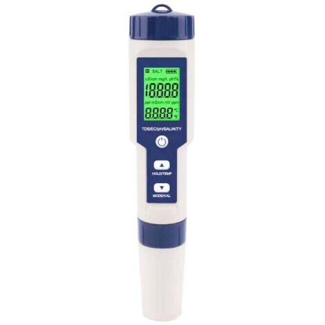 Testeur de sel de piscine numérique 5 en 1 – Analyseur pH/TDS/EC/salinité – Étanchéité IP67 – Écran rétroéclairé vert