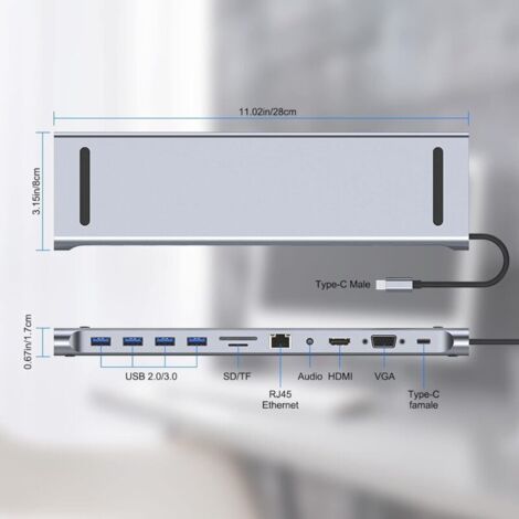 Hub USB C 11 en 1 – 4K 30 Hz HDMI, VGA, RJ45, 4 ports USB 3.0, lecteur SD/TF – Transfert 5 Gbit/s – Pour MacBook, iMac - VERS 4 K