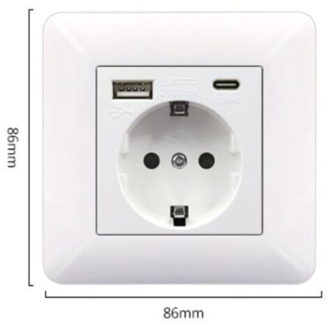 Panneau de prises USB et Type-C 16A – 2 prises + 1 port USB + 1 port Type-C – Installation horizontale/verticale – Design carré blanc - USB16A