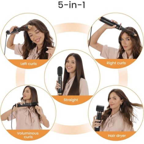 Brosse Soufflante Airbrush 5 en 1 Air Styler Seche Cheveux Air Brush Set, Or Noir Hair Boucleur à Cheveux Automatique 3 Vent-Température (Sécher, Boucler, Lissante)