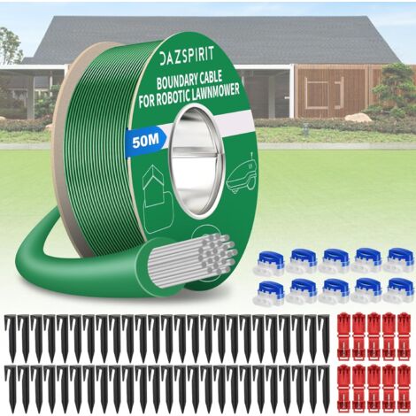 DazSpirit 50m Cable Robot Tondeuse + 50 Piquets + 10 Connecteurs de Câble + 10 Bornes de Connexion, Tondeuse Gazon Fil Périphérique Compatible avec Gardena Bosch Husqvarna Worx Honda Robomow etc (1/5)