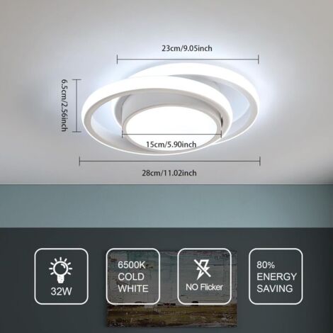 Plafonnier LED blanc moderne, design double cercle, 32 W, 3 000 lm, blanc chaud 3 000 K, pour chambre, couloir, cuisine, balcon (27 x 22 x 6 cm)