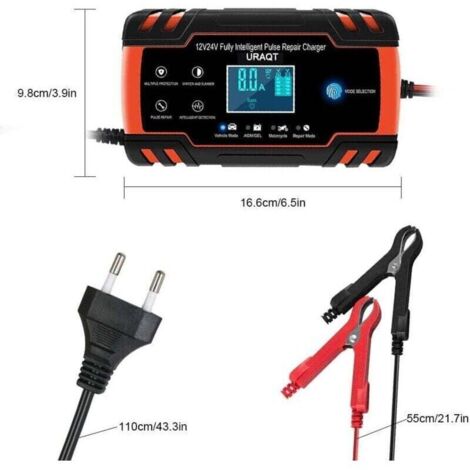 Chargeur de batterie de voiture, chargeur de batterie de voiture 8A 12V / 24V, chargeur de batterie de voiture entièrement automatique avec écran LCD Chargeur de batterie