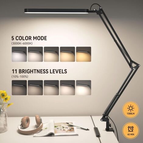 SKYLEO Lampe de Bureau LED- Lampe Architecte 1300LM - 5 Modes de Couleur X 11 Niveaux de Luminosité - Bras Pivotant Réglable - Fonction Minuterie et Mémoire - 12W Desk Lamp - Noir