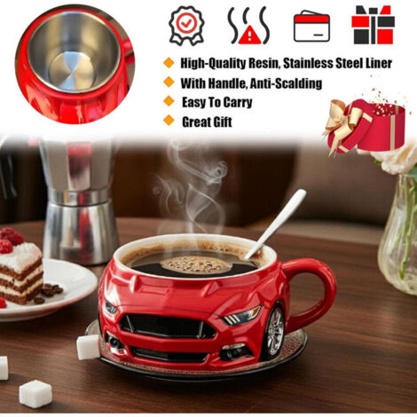 Tasse à café créative en acier inoxydable à double couche en forme de voiture, durable, faite à la main, pour voiture, bureau, eau, sous-verres non inclus, rouge