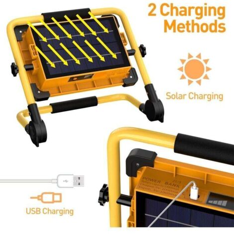 Projecteur Chantier LED Rechargeable Solaire 100W, 120 LED Lampe de Travail, 12000mAH Batterie Étanche USB Banque d'alimentation pour Réparation de Voiture, Garage, Camping