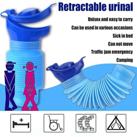 Urinoir rétractable, Urinoir Portable pour Homme et Femme, Dispositif de miction d'urgence adapté aux Voyages, au Camping et à la Marche, Bouteille d'urinoir réutilisable (bleu, 18/34cm)