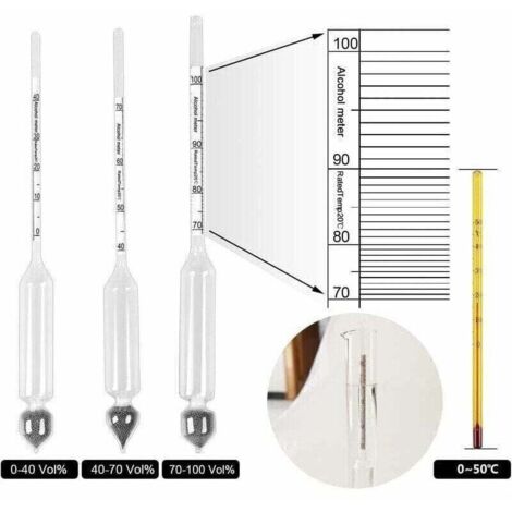 Lot de 3 Alcoomètres professionnels - Avec une division de 0 à 100% - Thermomètre pour mesurer la teneur en alcool d'eau-de-vie, whisky, vodka, cognac, etc.