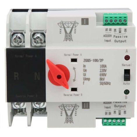 Inverseur de Source Automatique, commutateur de transfert automatique à double alimentation à 2 Voies sans Interruption ZGQ5-100/2P 220V Installation sur Rail DIN