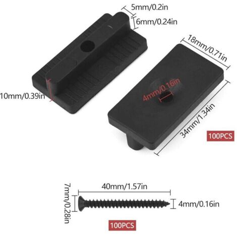 Clips de terrasse composites - Lot de 200 pièces, attaches cachées de 6 mm, fixations en plastique pour planches avec vis noires, fixations en T pour terrasse composite
