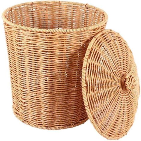 Panier de Rangement en Osier Naturel avec Couvercle Poubelle Ronde Décorative