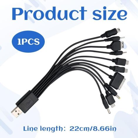 Chargeur universel 10 en 1 pour téléphone - Câble de charge universel avec plusieurs têtes - Câble de charge USB compatible avec Samsung LG Huawei Zte et Sony Ericsson Nokia Psp