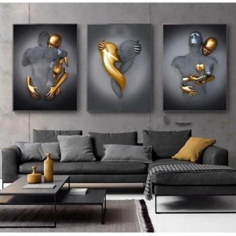 Bardusch - Love Heart Effet 3D Wall Art, 3PCS Abstrait Fil d'acier Métal Figure Sculpture Couple Impression Toile Peinture 50x70cmPas de cadre