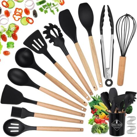 Kit d'Ustensiles de Cuisine en Silicone et Bois,22 PCS Accessoire Cuisine Set sans BPA, Ustensiles Cuisine Antiadhésive Set avec Pot de Rangement, Noir 01