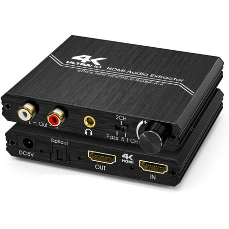 Extracteur Audio HDMI 2.0 – Répartiteur Audio HDMI 4K vers Spdif Optique 3,5 mm AUX Stéréo RCA L/R Convertisseur Audio avec Contrôle Volume Prise en Charge 4K@60Hz HDCP 2.2 HDR 3D YUV 4:4:4