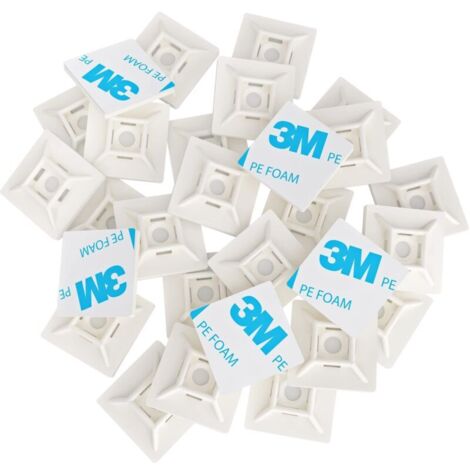 100 Pièces Embases Adhesive pour Attache de Cable, 28mm x 28 mm, Blanc, Serre-Câbles Auto Adhésif, Support de Serre Câble Plastique, Embase pour Collier de Serrage