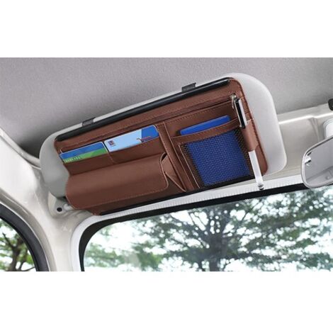 Organisateur de pare-soleil de voiture, pochette de rangement en cuir pour cartes, permis de conduire, stylo, lunettes, documents, compatible avec la plupart des voitures, SUV et camions (marron)
