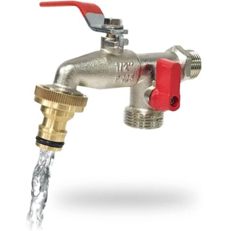 Robinet de Jardin Premium à Double Sortie 1/2" - 3/4" Pinceau, Laiton, Argent